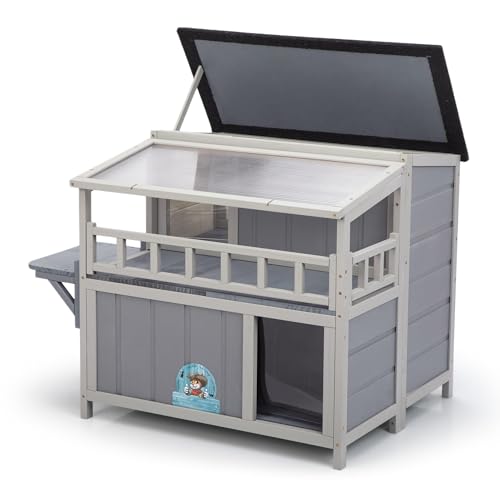 2-Tier Warm Wood Cat Shelter with Sunlight Roof M426555