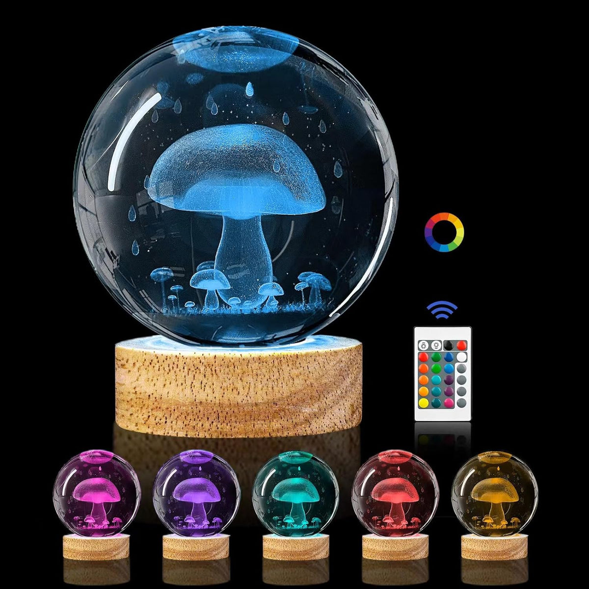 3.15in K9 Crystal Ball Night Light with Wooden Base and Remote Control R39521