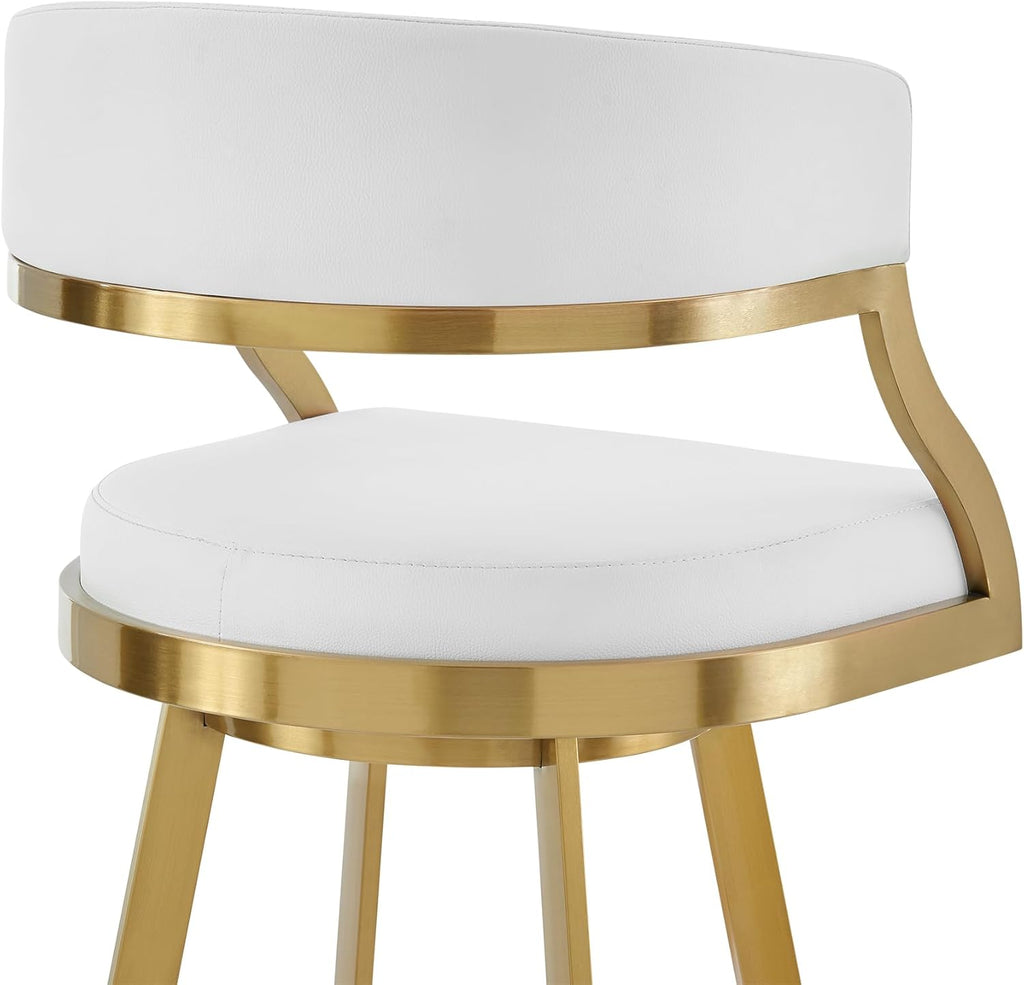 30" Swivel Bar Stool with Gold Brushed Stainless Steel and White Faux Leather B295