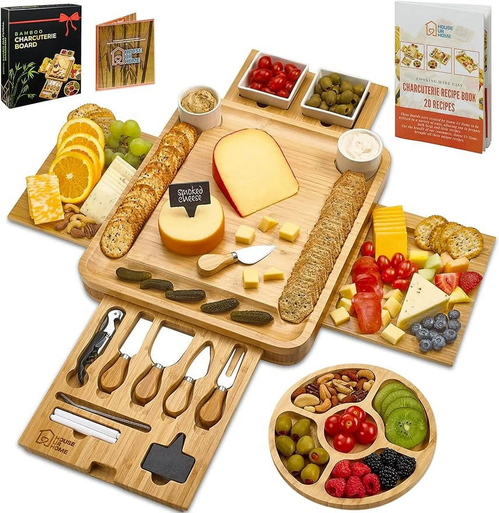 Large Charcuterie Board Set with 2 Ceramic Bowls & Plates, 4 Magnetic Drawers Bamboo Cheese Knife Set, Round Tray O193