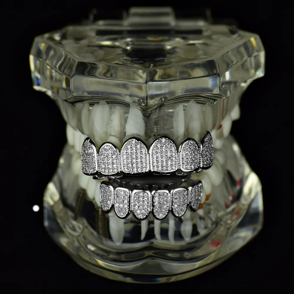Silver Tone Micropave Gems Teeth Grills J7351