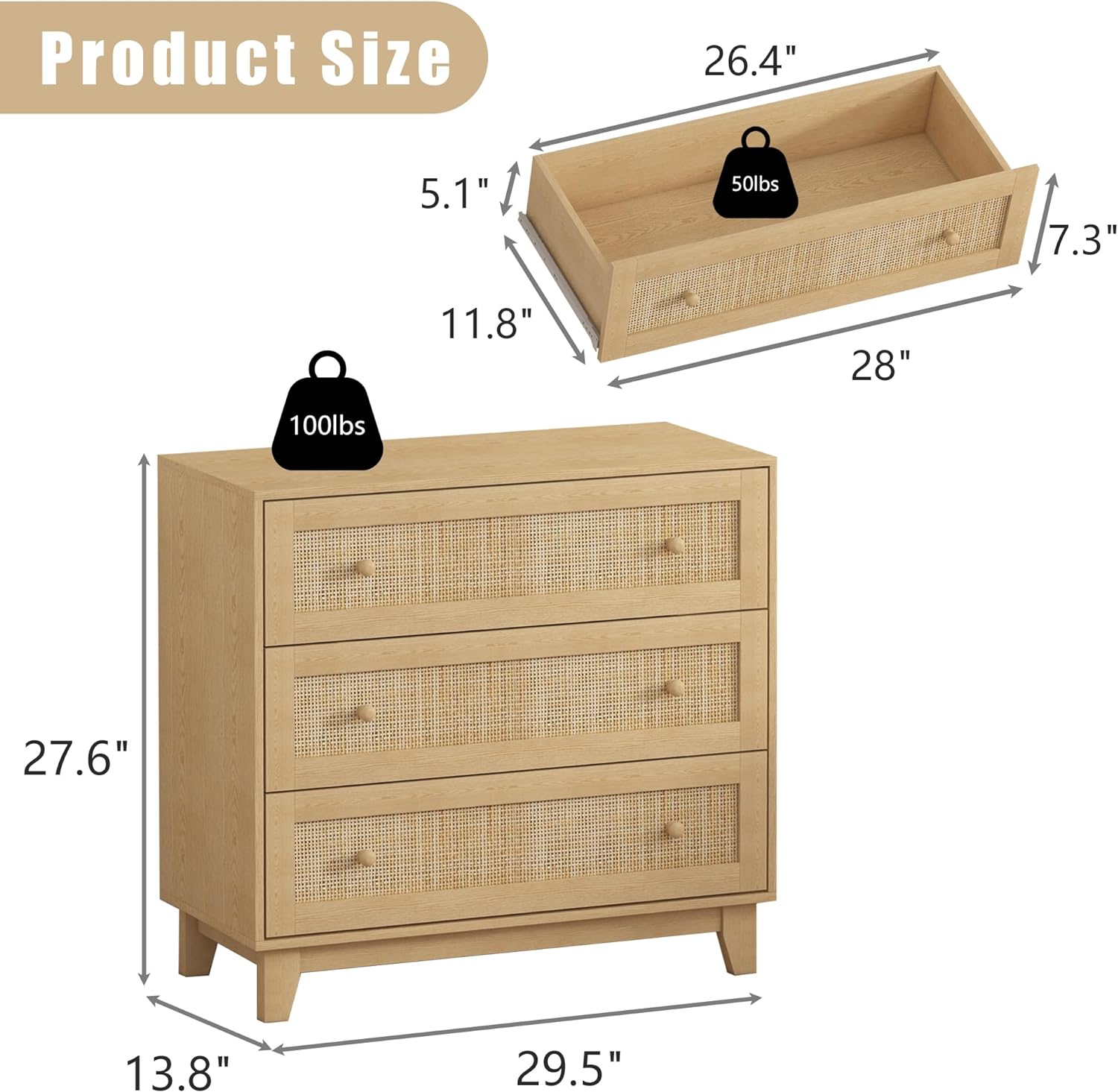 3 Drawer Natural Rattan Wood Dresser K72764