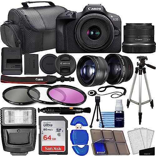 Mirrorless Camera with RF-S 18-45mm f/4.5-6.3 STM Lens + Wide Angle & Telephoto Lenses + 64GB Memory + 3pc Filter Kit + Case + Flash + Tripod G235680