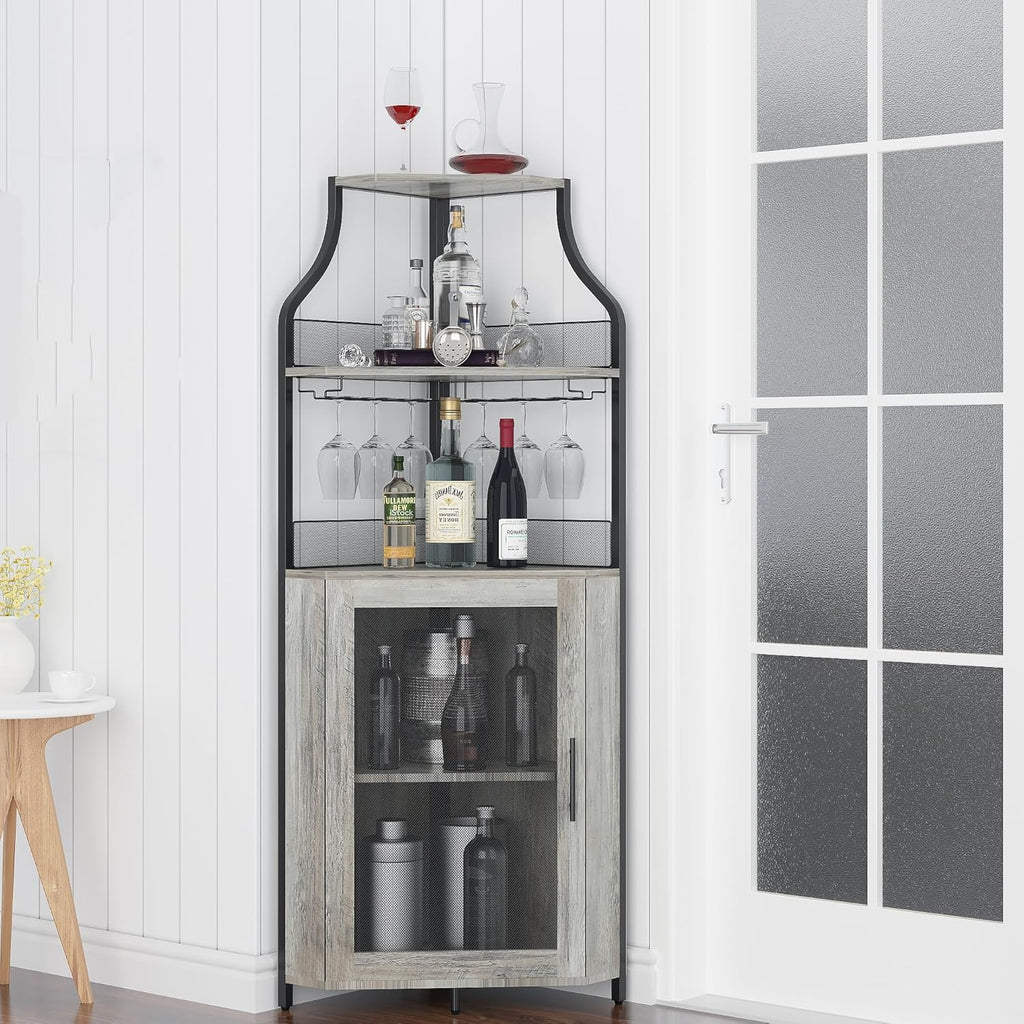 Corner Wine Cabinet with Detachable Wine Rack and Glass Holder, Grey N794