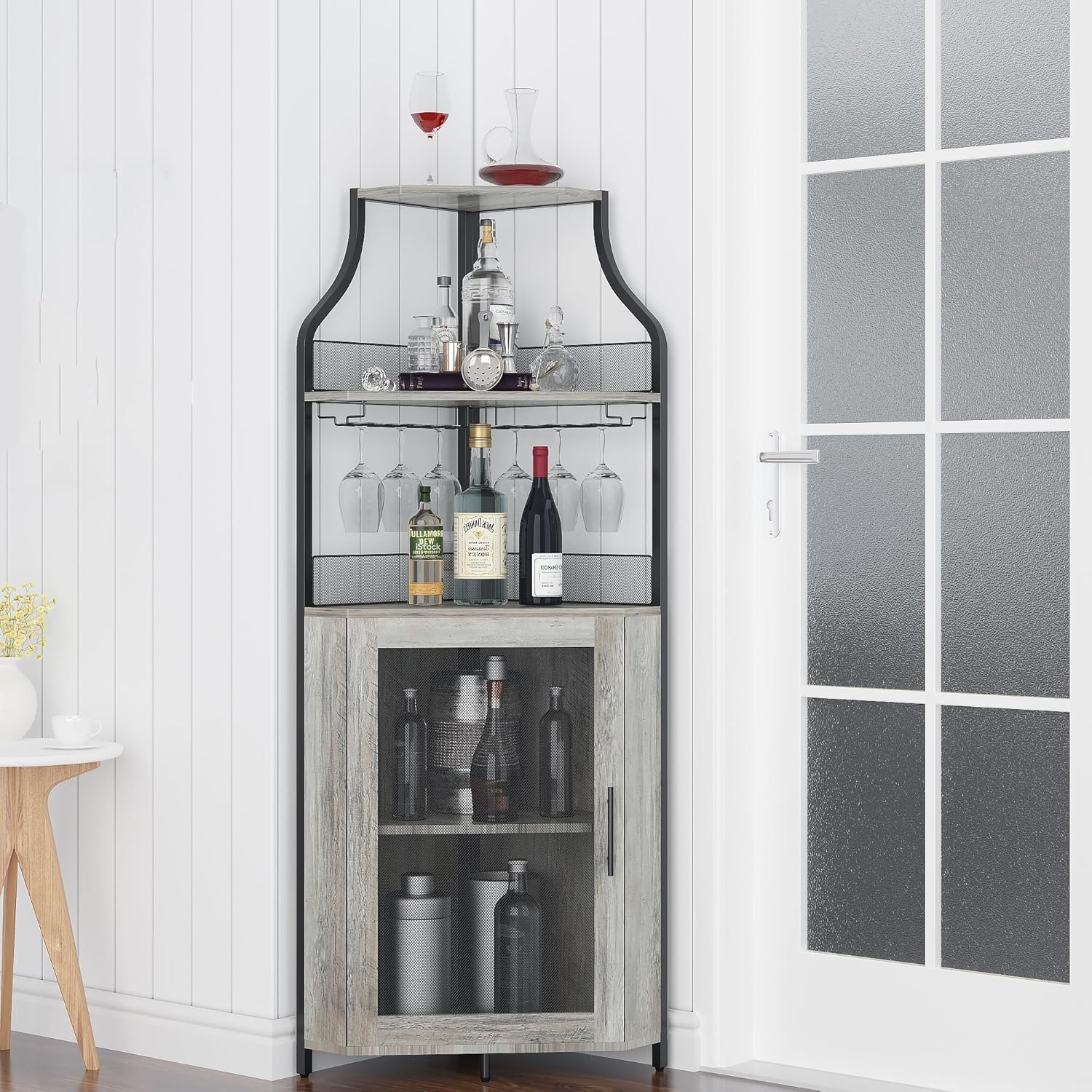 Corner Wine Cabinet with Detachable Wine Rack and Glass Holder, Grey N794
