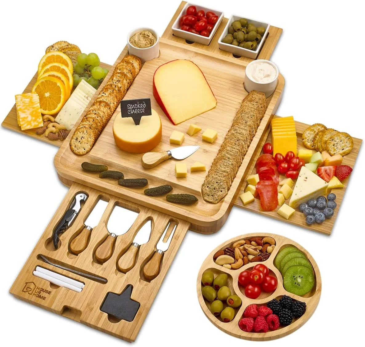 Large Charcuterie Board Set with 2 Ceramic Bowls & Plates, 4 Magnetic Drawers Bamboo Cheese Knife Set, Round Tray O193