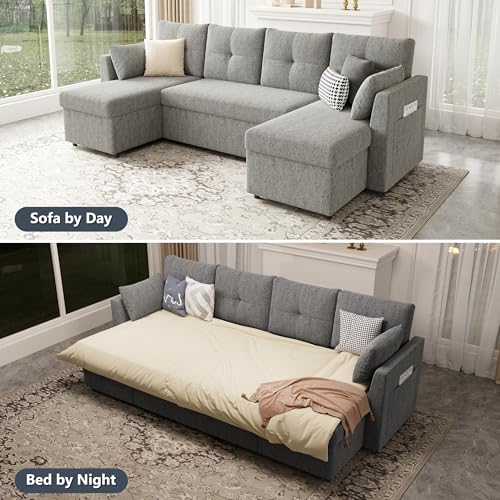 Oversized 110 inch 2 in 1 Pullout Sleeper Sofa Couch with Double Storage Chaise, Dark Grey O693024