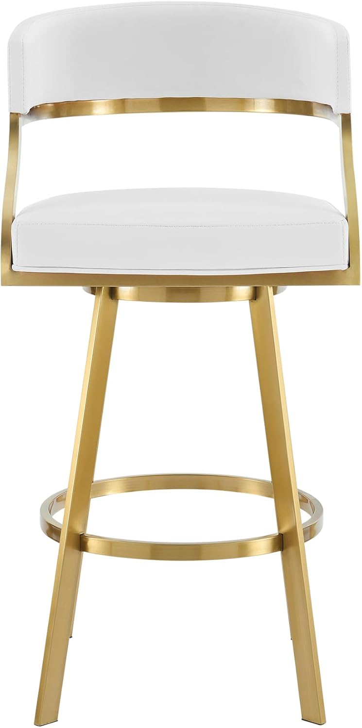 30" Swivel Bar Stool with Gold Brushed Stainless Steel and White Faux Leather B295