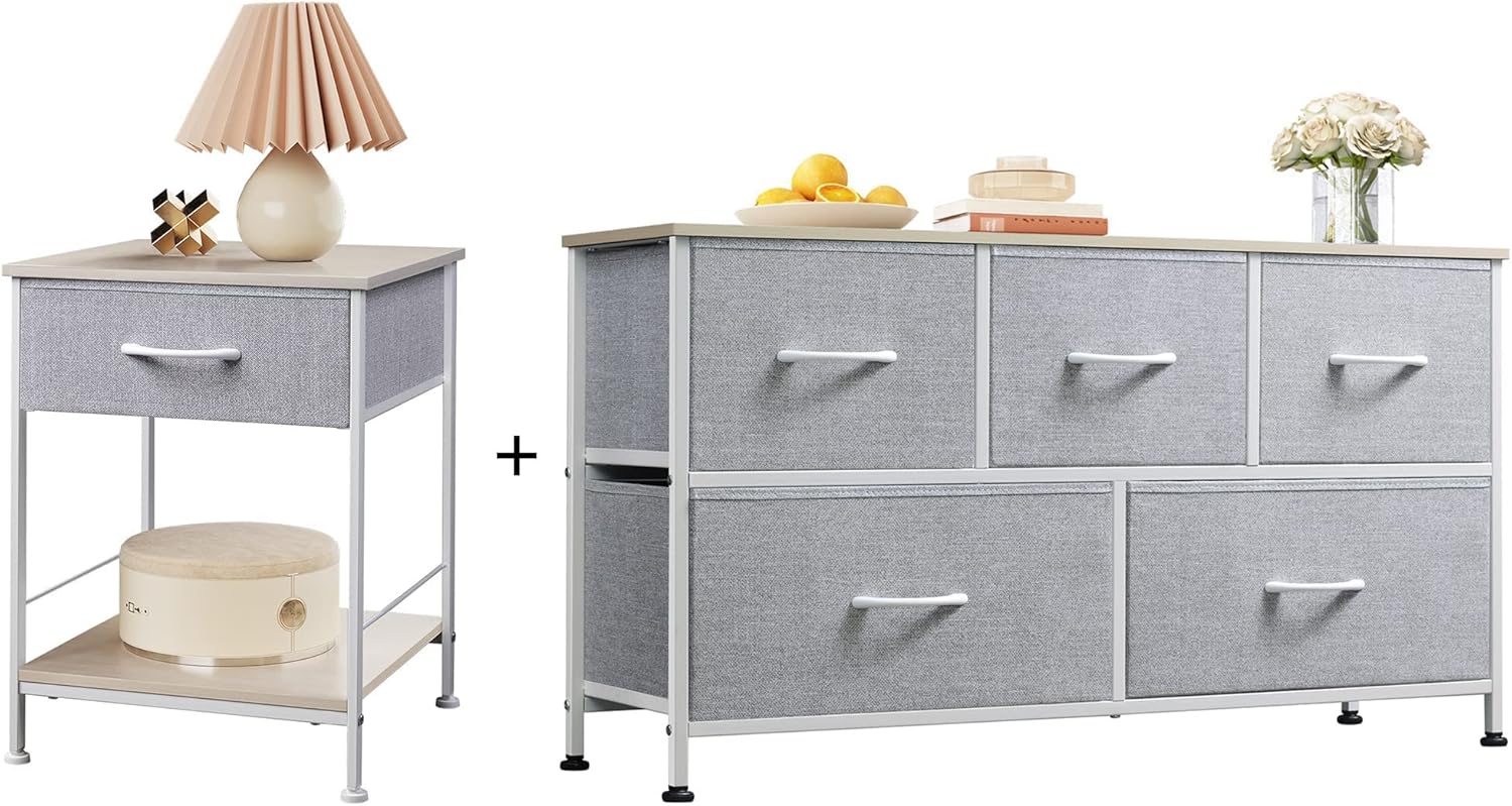 1-Drawer Nightstand and 5-Drawer Dresser Set with Fabric Bins, Steel Frame F2737