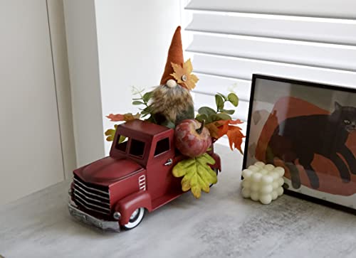 Vintage Turquoise Metal Truck with Gnomes Pumpkin Maple Leaf Farmhouse Table Top Fall Decor, 12 inch Q256