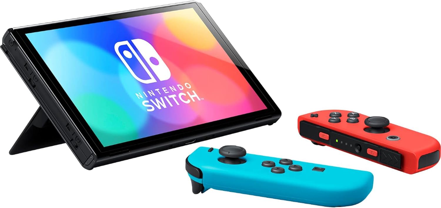 Switch OLED Model with Neon Blue and Red Joy-Con, Black Dock - 7" OLED Touchscreen, 64GB Internal Storage U585