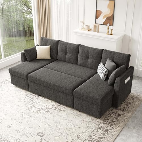 Oversized 110 inch 2 in 1 Pullout Sleeper Sofa Couch with Double Storage Chaise, Dark Grey O693024