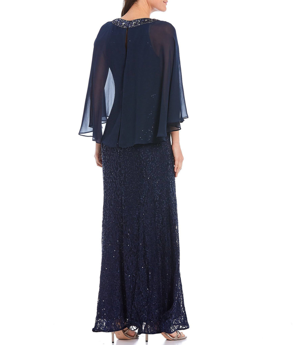 Sequin Lace Chiffon Capelet Gown U643
