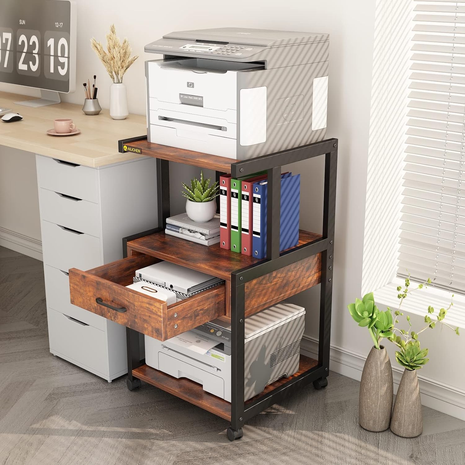 3-Tier Printer Stand with Drawers Record Player Stand End Table Storage Cabinet Printer Rack with Wheels Rolling Filing Cabinet Printer Cart U57831
