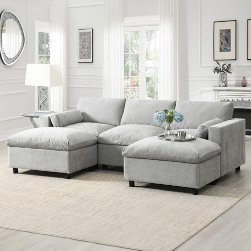 86.5" Grey Chenille U-Shaped Sectional Sofa with Storage Pockets C67649