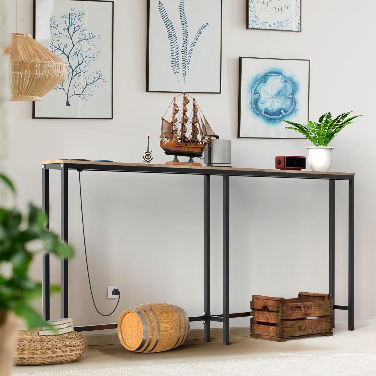 70.9 Inch Console Table with Power Outlet, Narrow Sofa Table with Charging Station E63790