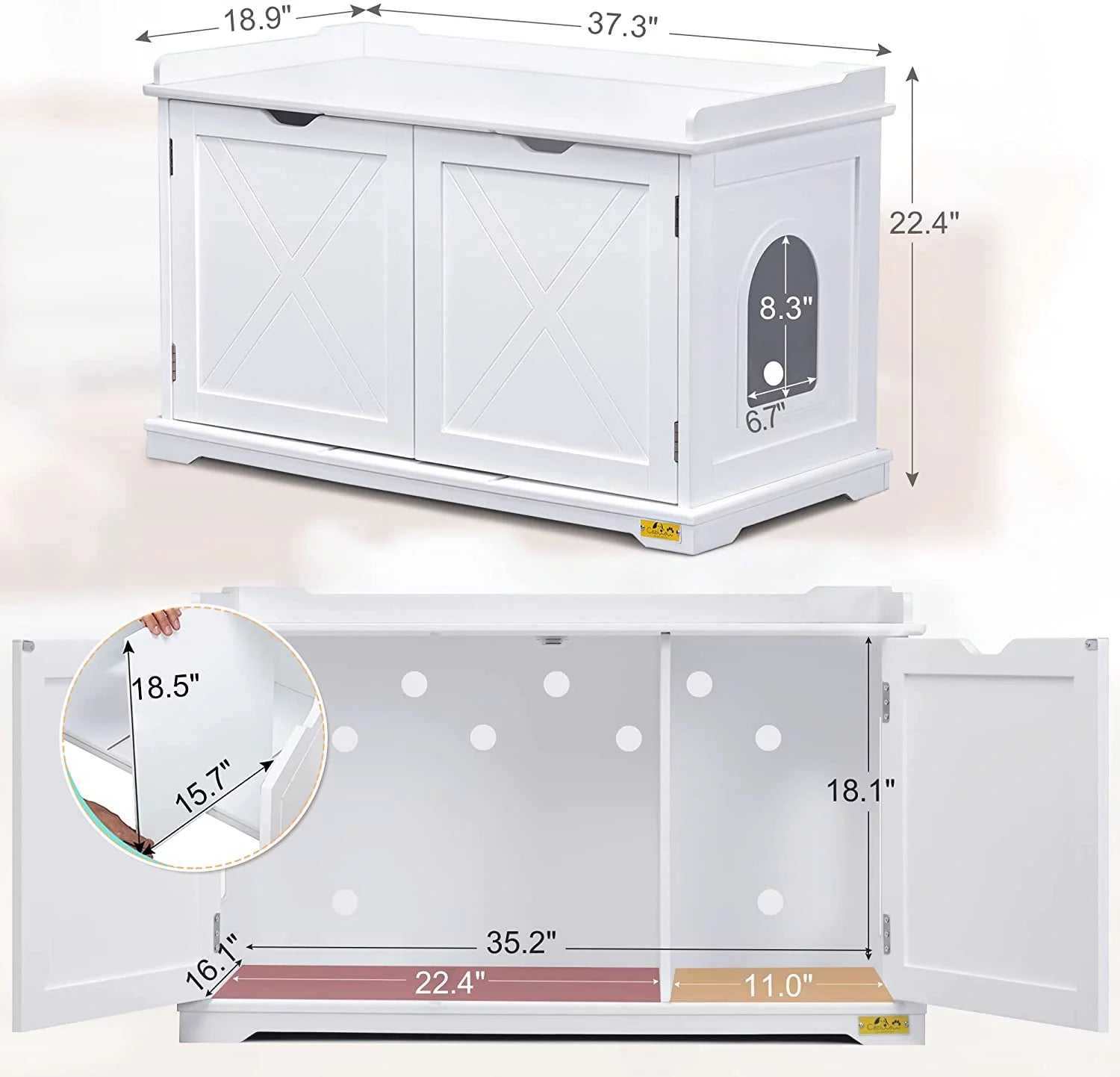 White Cat Litter Box Enclosure Storage Bench Furniture Z5469