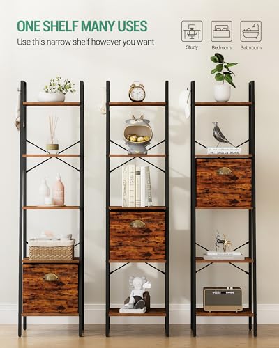 4 Tier Rustic Brown Narrow Bookshelf with Drawer D819910