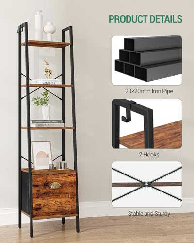 4 Tier Rustic Brown Narrow Bookshelf with Drawer D819910