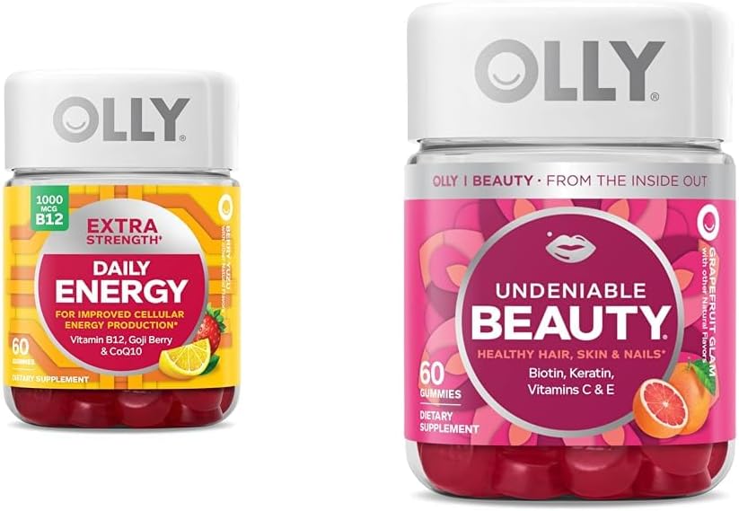 Extra Strength Daily Energy Gummy, Caffeine Free, 1000mcg Vitamin B12, CoQ10, Goji Berry & Undeniable Beauty Gummy, Biotin, Vitamin C, Keratin, Chewable Supplement O67919
