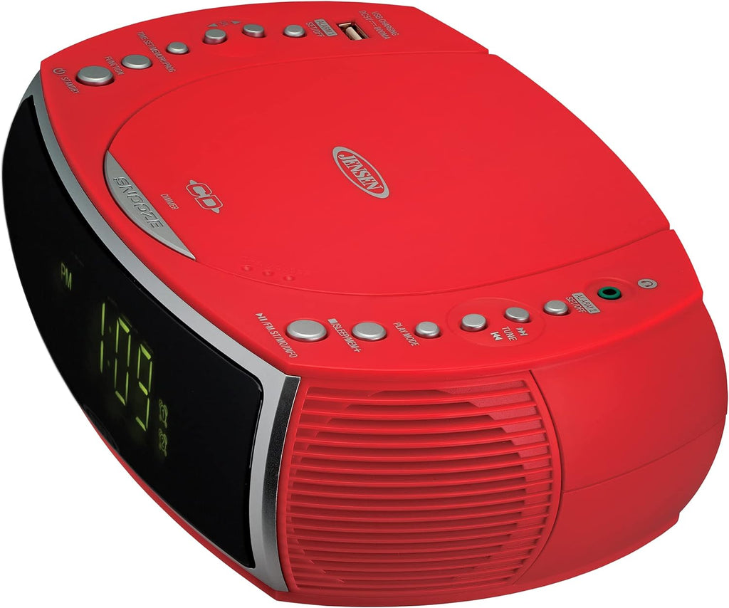 CD Player AM/FM Radio Dual Alarm Clock with USB Charging Port Headphone Jack Green LED B66019