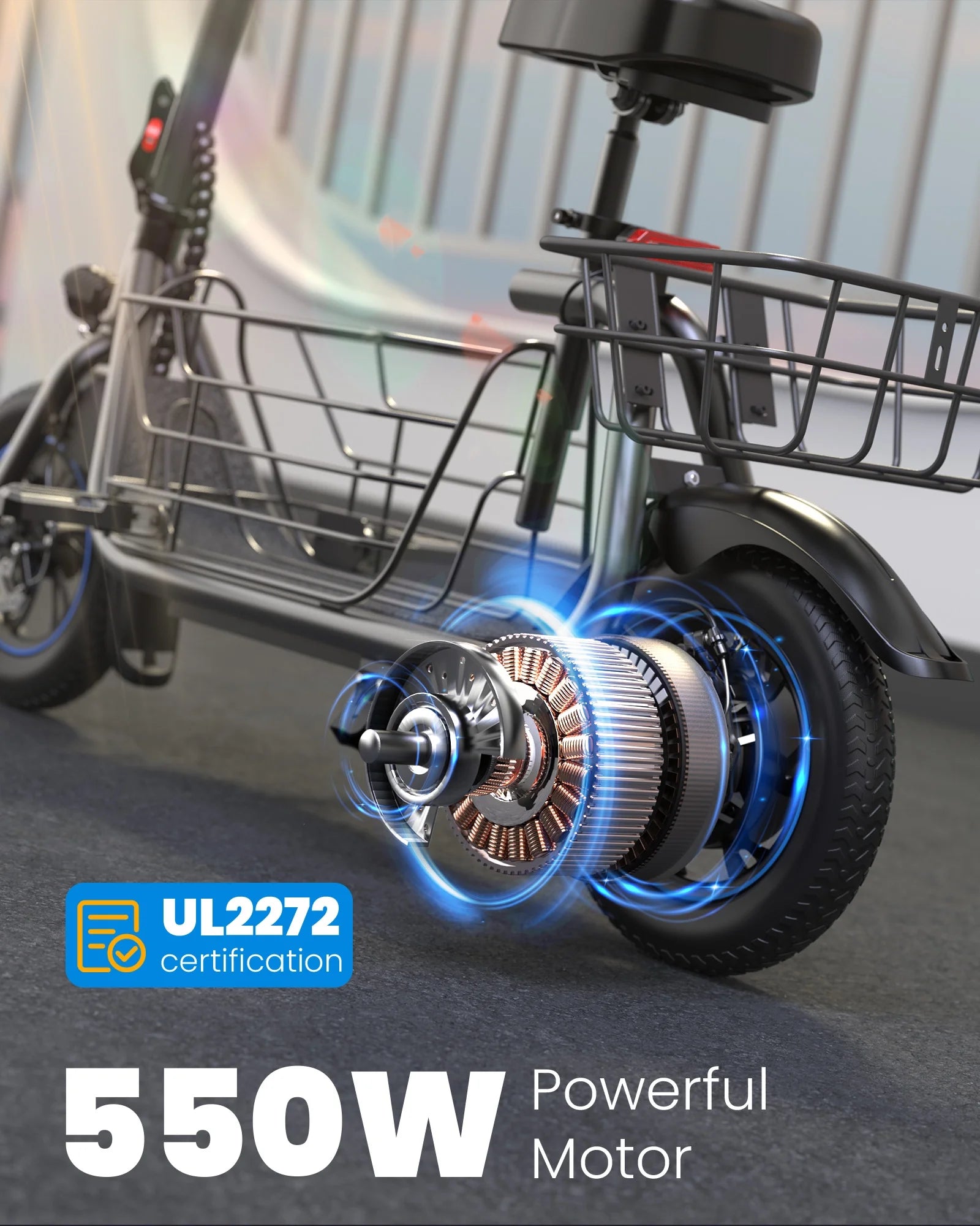 550W Electric Scooter with Seat, 12 inch, Front & Back Basket, up to 20 Miles 18.6MPH G47324