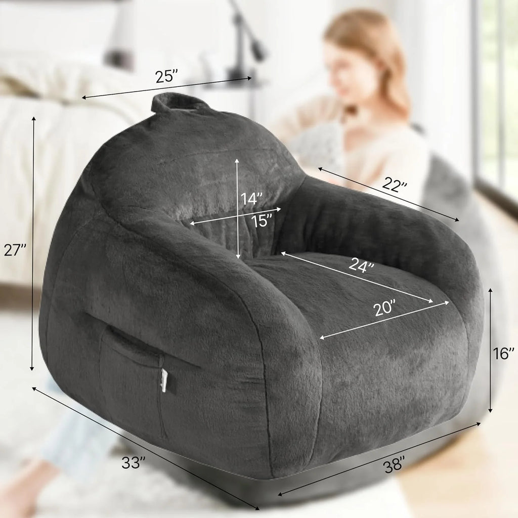 Grey Faux Fur Bean Bag Chair with Memory Foam Filler Q86125