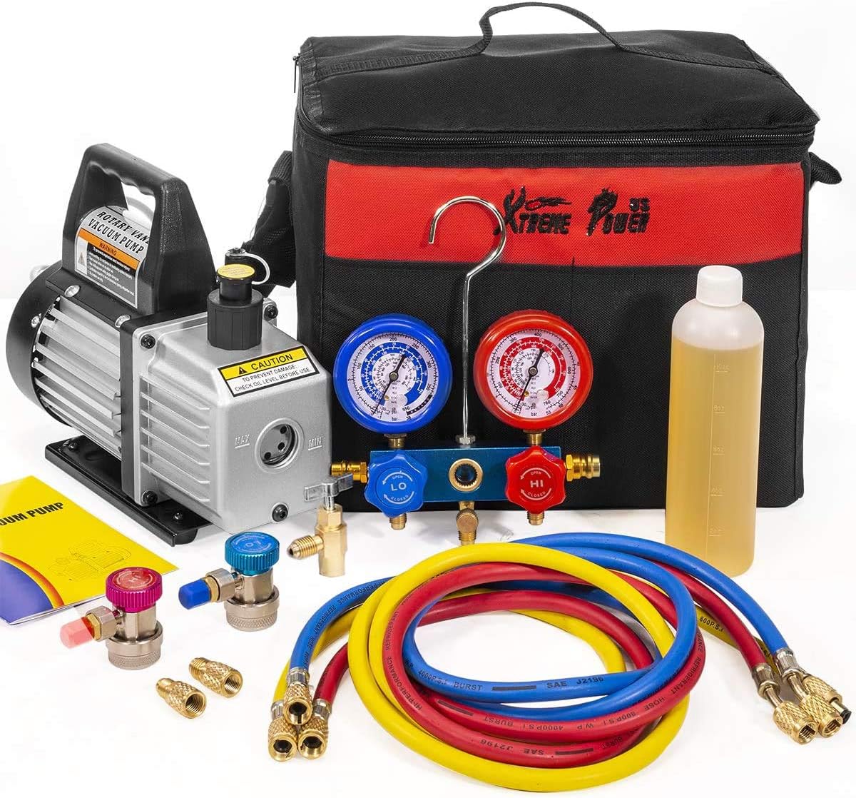 3CFM 1/4HP HVAC Air Vacuum Pump with Manifold Gauge and Carrying Tote F266