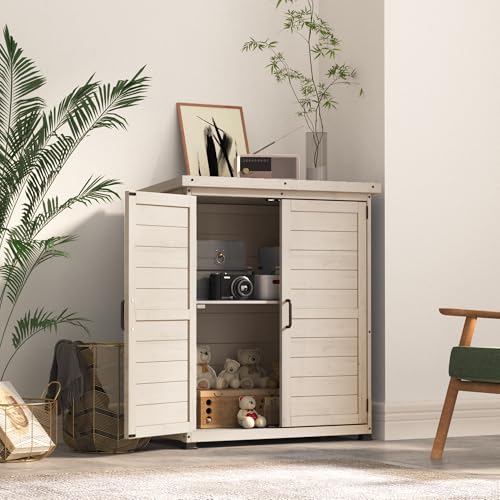 Beige Outdoor Storage Cabinet with Waterproof Metal Tabletop and Removable Shelves J677968
