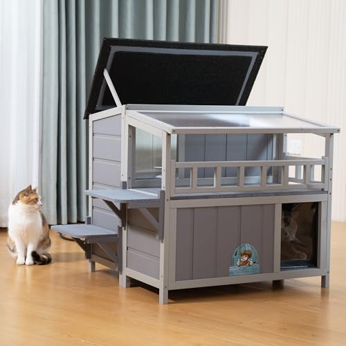 2-Tier Warm Wood Cat Shelter with Sunlight Roof M426555
