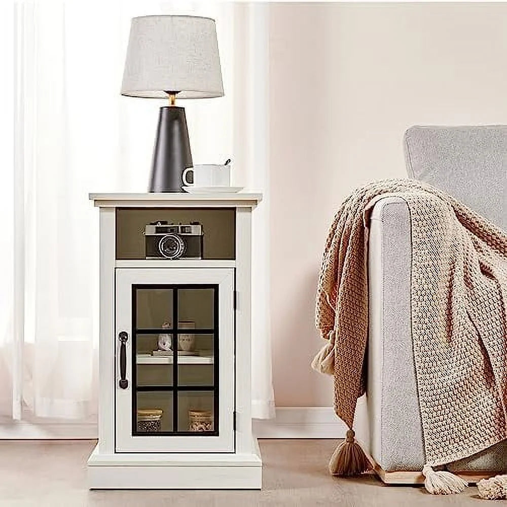 Distressed White End Table with Glass Door A793