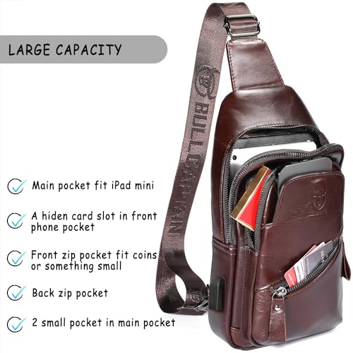 Leather Sling Bag with USB Charging Port Chest Bag Shoulder Bag Crossbody Daypack Backpack Q917