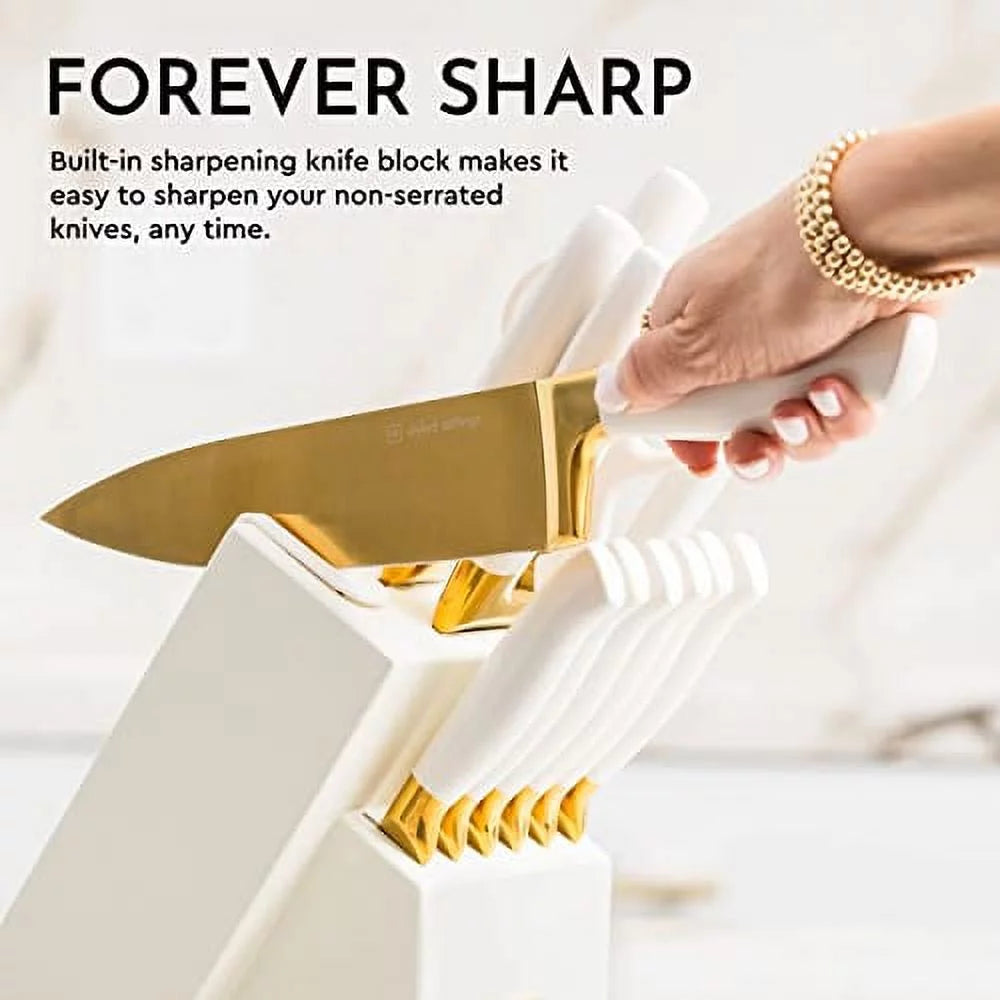 14 PC Titanium Coated White and Gold Knife Set with Block T413