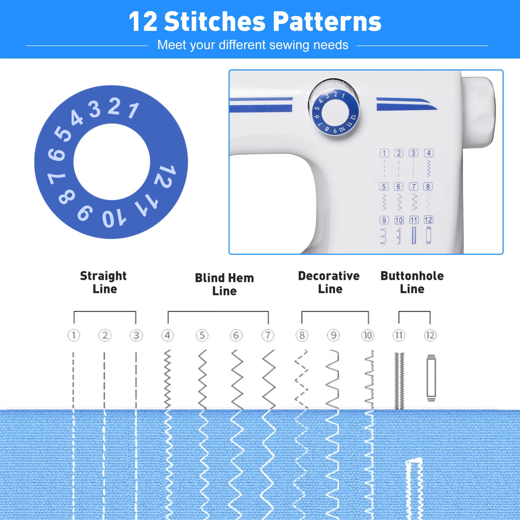 Portable Mini Sewing Machine, Blue, 12 Built-in Stitches P5073