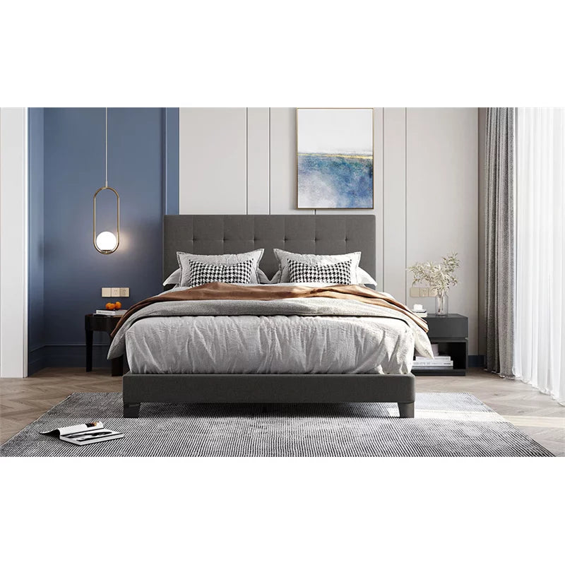 Gray Linen Fabric Queen Upholstered Platform Bed with Tufted Headboard C3963