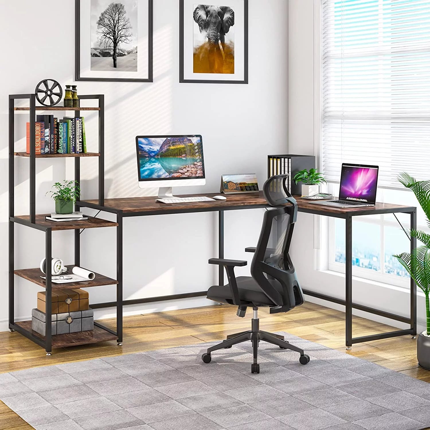 79" Reversible L-Shaped Desk with 5 Tier Storage Shelves L395717