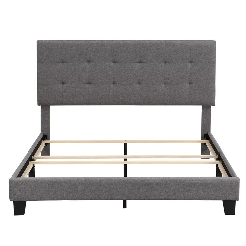 Gray Linen Fabric Queen Upholstered Platform Bed with Tufted Headboard C3963