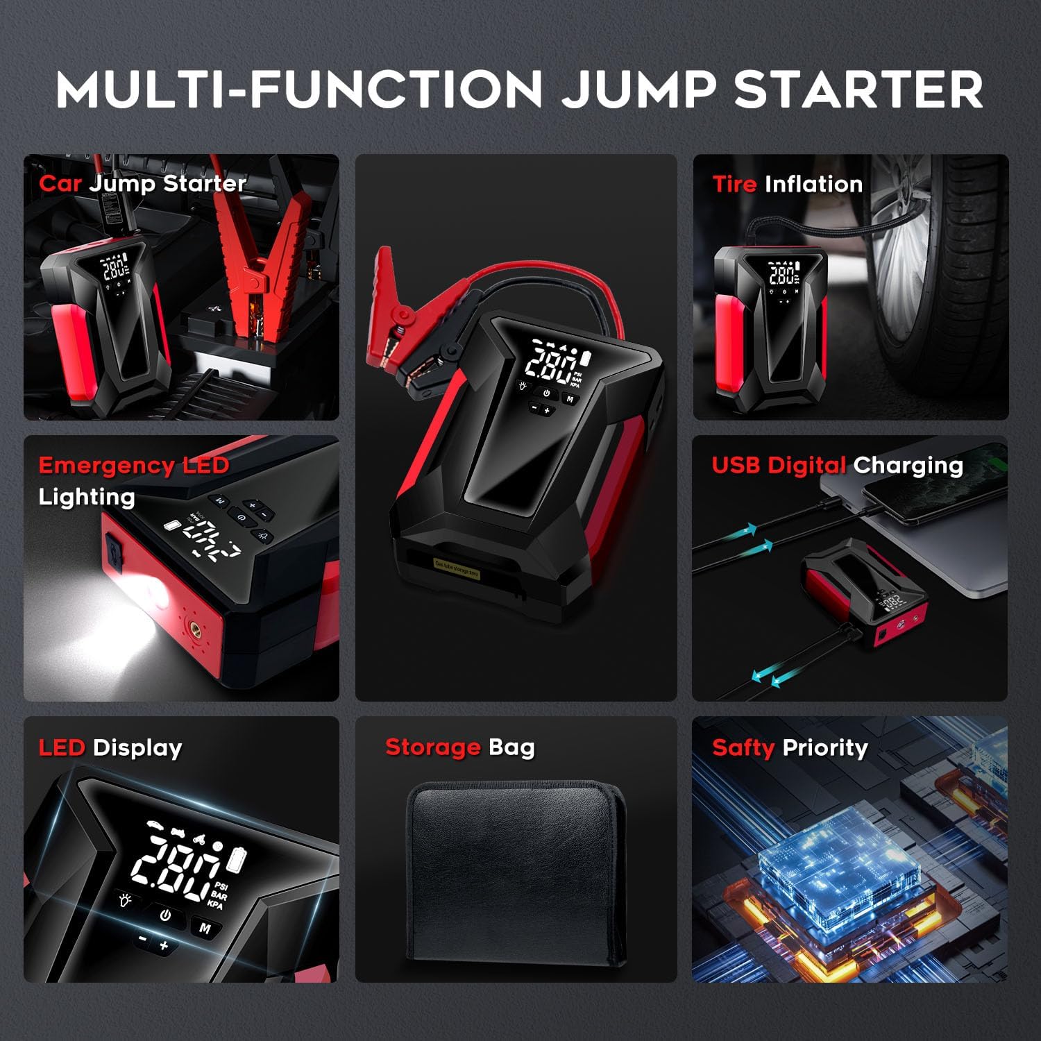 4000A Peak Car Jump Starter with Air Compressor and Emergency LED Light K242248