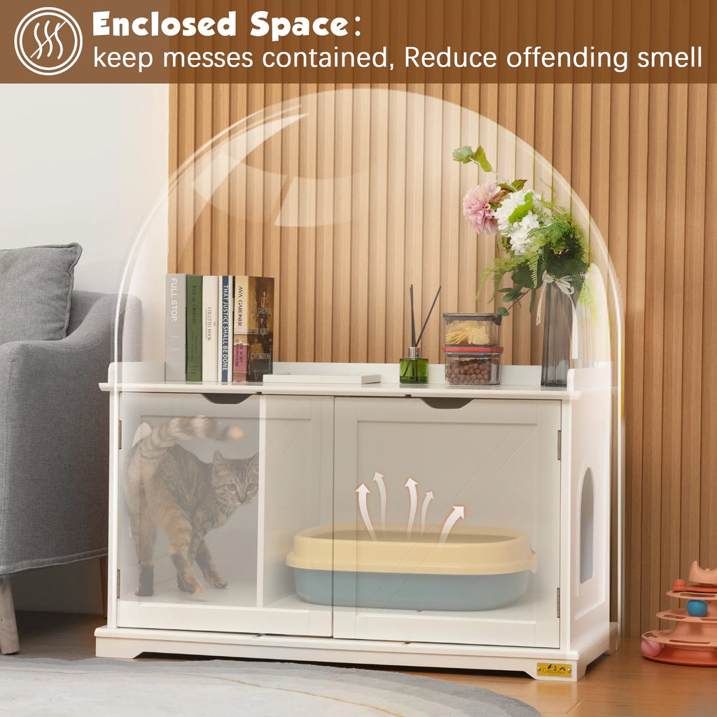 White Cat Litter Box Enclosure Storage Bench Furniture Z5469
