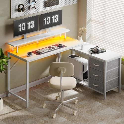 Reversible L Shaped Computer Desk with Drawers, LED Lights, Power Outlets, Black F94143