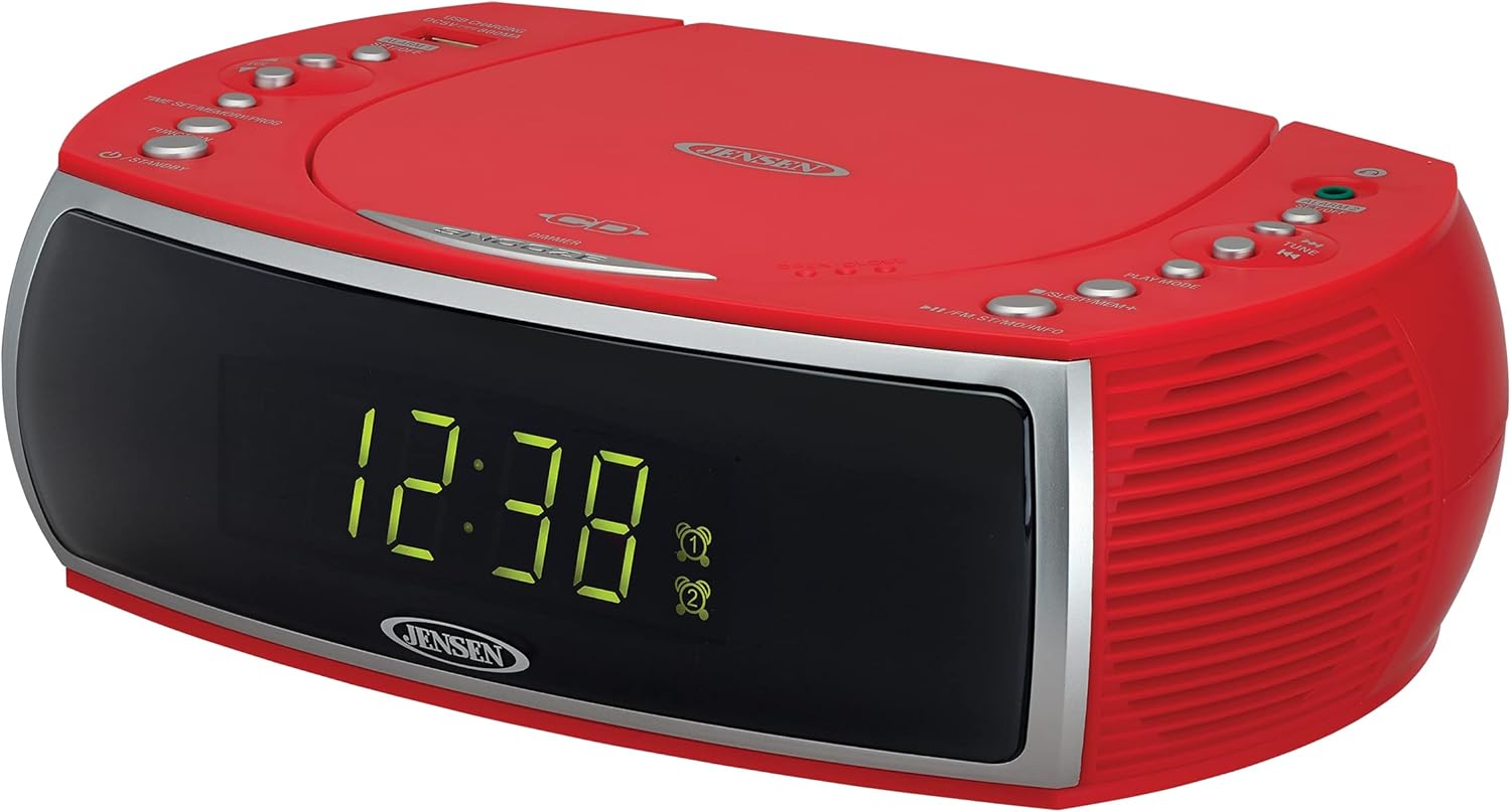 CD Player AM/FM Radio Dual Alarm Clock with USB Charging Port Headphone Jack Green LED B66019