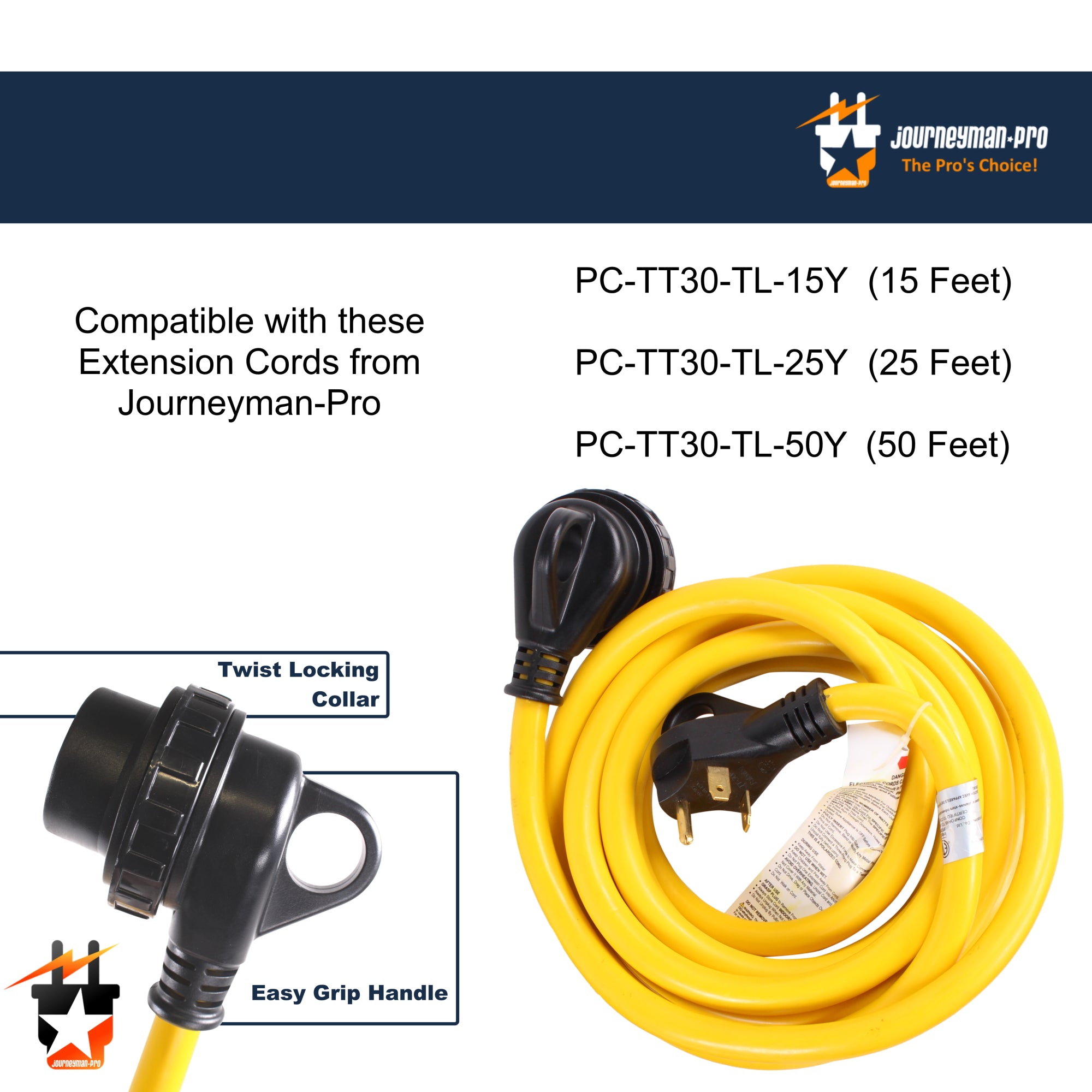 30A RV Power Extension Cord, Black Grip Handle, 15 Feet H30308