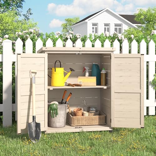 Beige Outdoor Storage Cabinet with Waterproof Metal Tabletop and Removable Shelves J677968