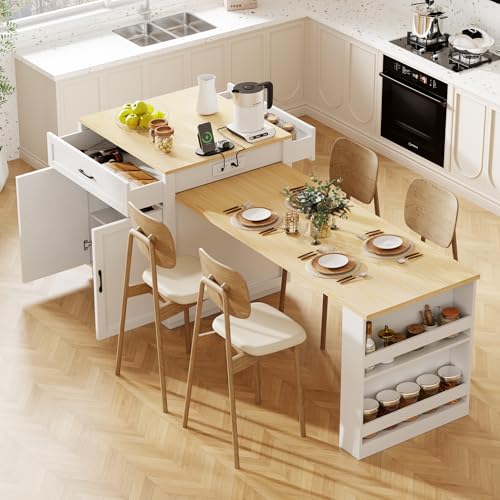 White Oak Kitchen Island with Extendable Dining Table and Storage L9100