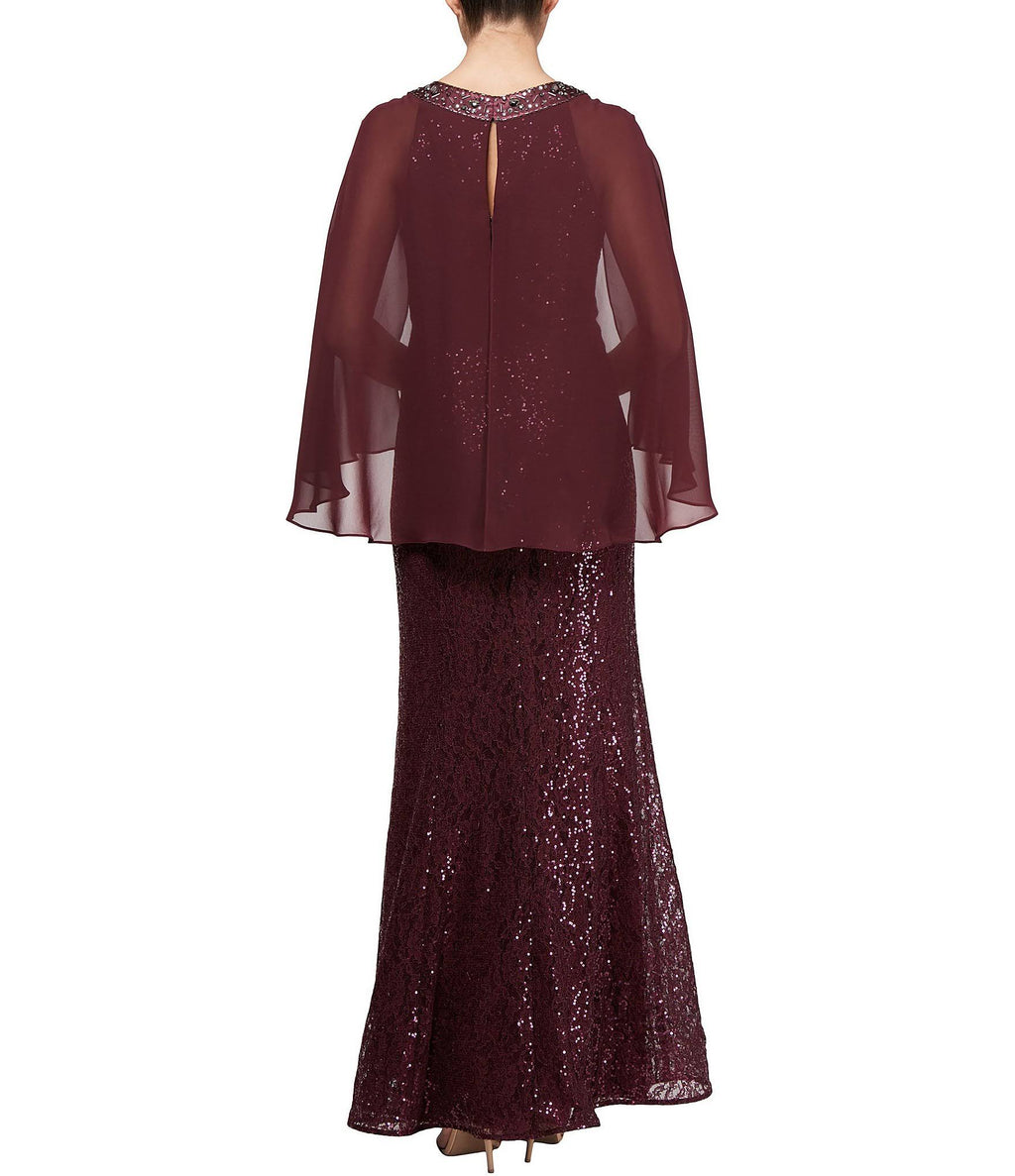 Sequin Lace Chiffon Capelet Gown U643