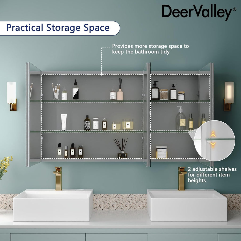 48 inch 3 Door Mirrored Medicine Cabinet with 2 Adjustable Shelves U406