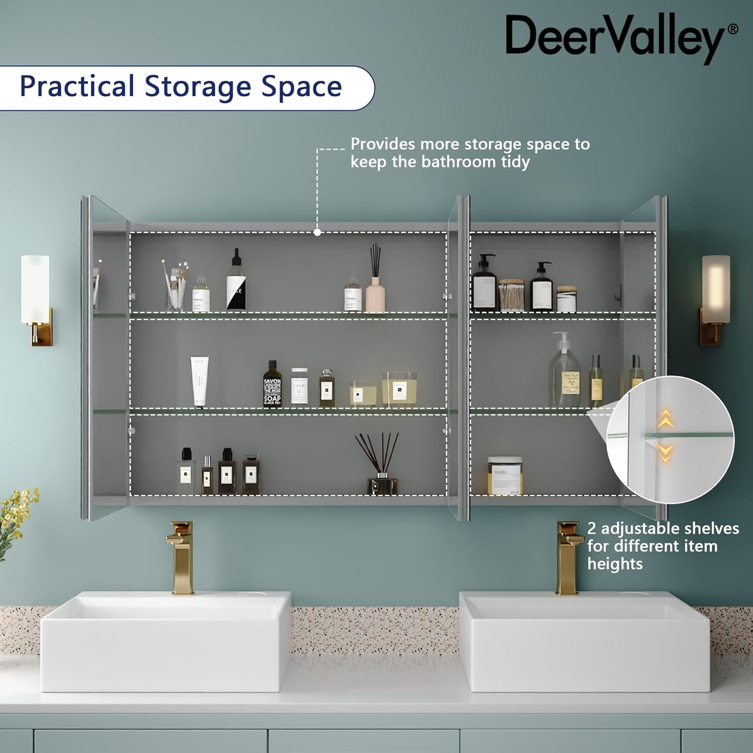 48 inch 3 Door Mirrored Medicine Cabinet with 2 Adjustable Shelves U406