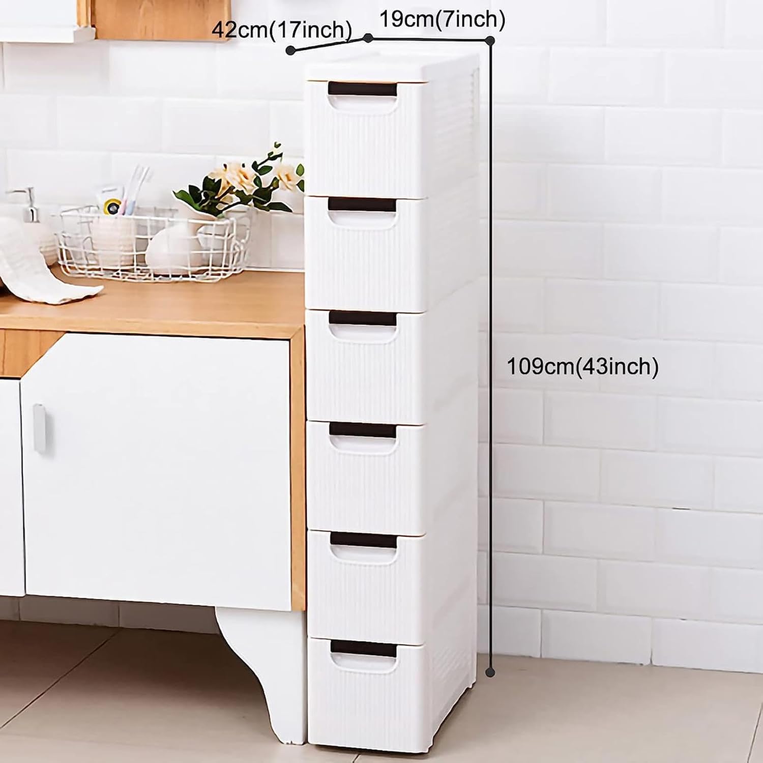 Narrow Storage Drawer Cart with Slide Out Drawer, Plastic Storage Tower with Wheels O5926