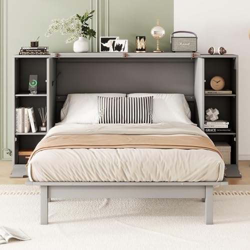 White Solid Wood Murphy Bed with Bookcase and Drawers S8446