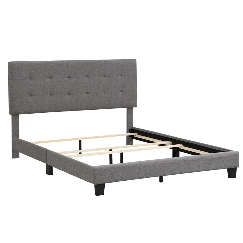 Gray Linen Fabric Queen Upholstered Platform Bed with Tufted Headboard C3963